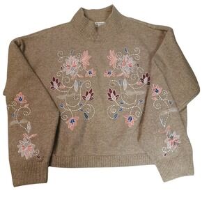 Versona L Embroidered Floral Mock Neck Sweater Taupe Cottagecore Pullover